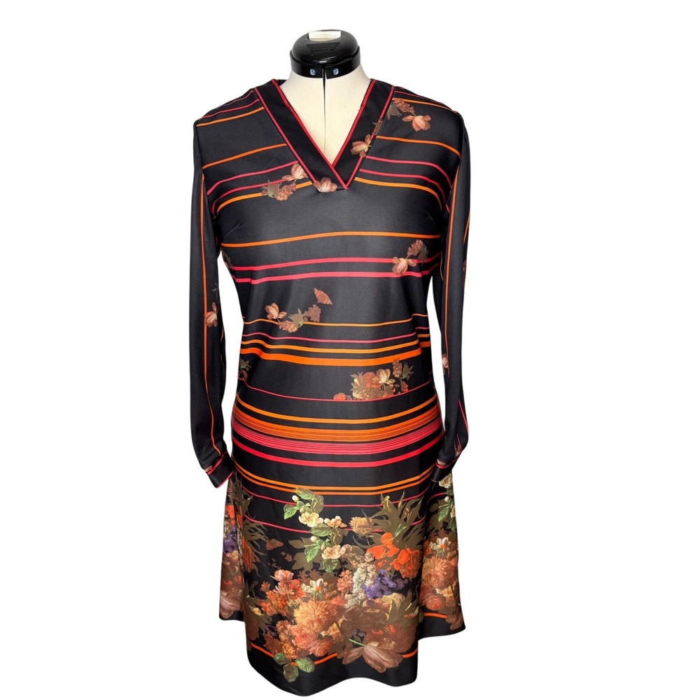Vintage 70s Floral Striped Long Sleeve A-Line Dress Black Orange V-Neck Talon